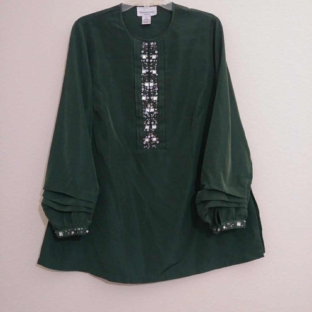 Brylane Plus Size Green Embellished Blouse 16W